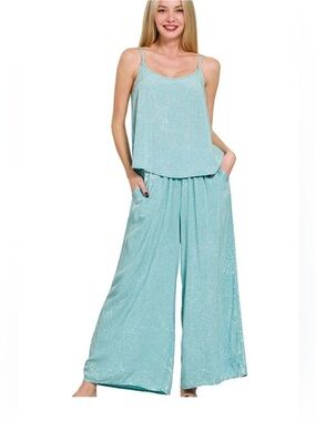 Zenana Wide-Leg Spaghetti Strap 2 Piece Set Acid Wash Blue
